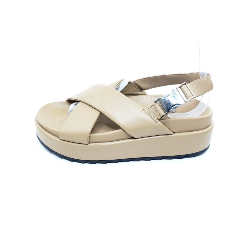 J/Slides NYC Sevy Platform Sandals | Size 7.5 | Beige Faux Leather Cross Strap